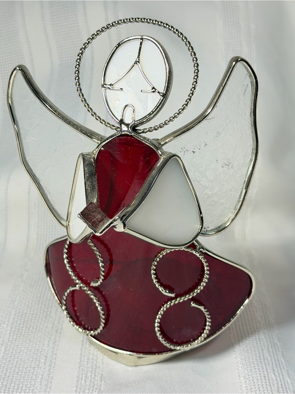 Vintage Stained Glass Candle Holder Angel Red Dress 6” Religious Christmas